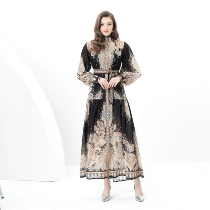 Court style high-end stand-up collar printed dress women's spring strap single-breasted design chic and beautiful long skirt