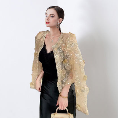 light luxury high-end heavy industry nail drill three-dimensional flower new Chinese Xiaoxiang short jacket sunscreen shirt top women