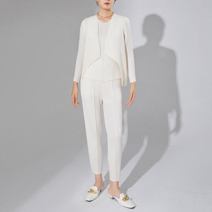 2025 style pleated women's fashion suit, high-end design sense niche cardigan jacket casual pants two-piece set