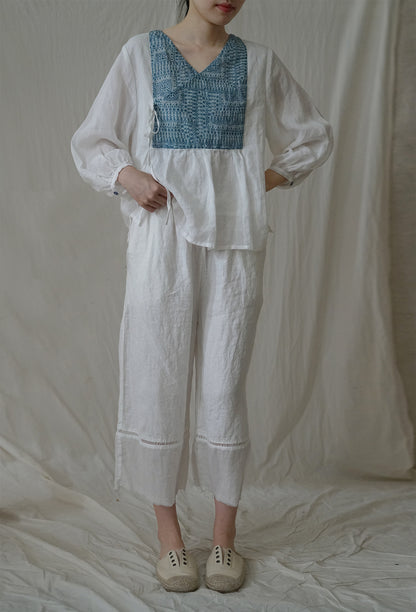 national style literary and artistic diagonal shirt contrasting ramie shirt, retro light Chinese pastoral lace-up top S22264