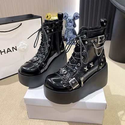 Autumn and Winter New Rivets Pendant Martin Boots Female Hot Girl Thick Bottom Increased by Belt Buckle Booties All-Matching Motorcycle Boots