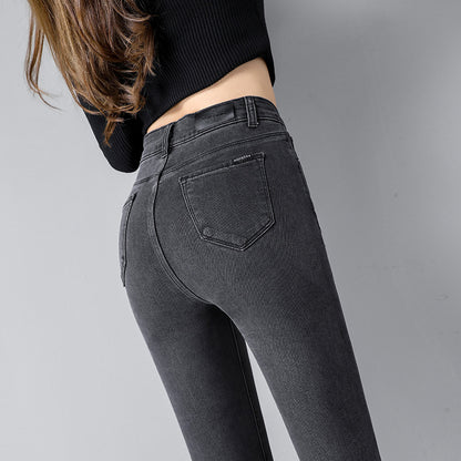 High Waist Stretch Jeans for Women Spring and Summer New Slim Fit Slimming and Fashionable Black Tight Trousers Fleece-lined Thickening Tapered Pants
