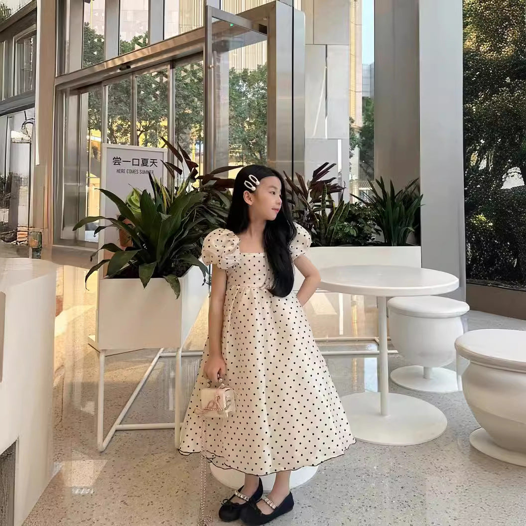 VLOVELAW Girls Dress  Summer Advanced Pearl Puff Sleeve Polka Dot Formal Dress Birthday Dress 61 Princess Skirt