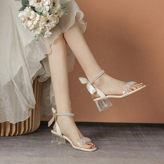 VLOVELAW  Internet Hot Sandals Women Summer Mid Heel  New Fashion Bowknot Pearl Crystal Heel High Heels Fairy Style