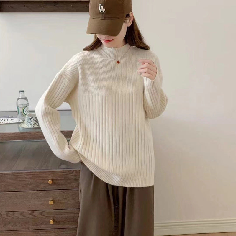 VLOVELAW Casual style knitted bottoming sweater women's New autumn and winter new loose solid color pit strip semi-turtleneck knitted sweater top
