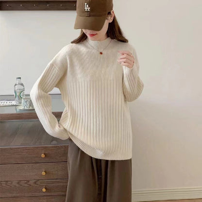 VLOVELAW Casual style knitted bottoming sweater women's New autumn and winter new loose solid color pit strip semi-turtleneck knitted sweater top