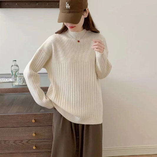VLOVELAW Casual style knitted bottoming sweater women's New autumn and winter new loose solid color pit strip semi-turtleneck knitted sweater top
