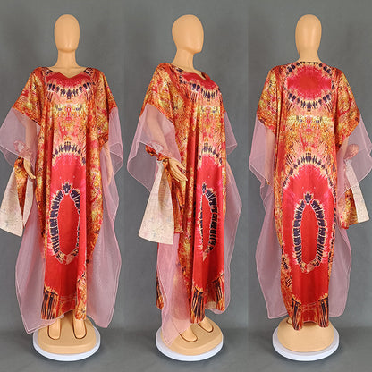 VLOVELAW Cross-Border European and American Women's Clothing African Middle East Ethnic Style Retro Long Gown Mesh Printed Tape Headscarf Dress 9004