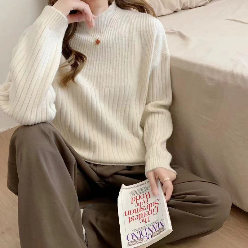 VLOVELAW Casual style knitted bottoming sweater women's New autumn and winter new loose solid color pit strip semi-turtleneck knitted sweater top