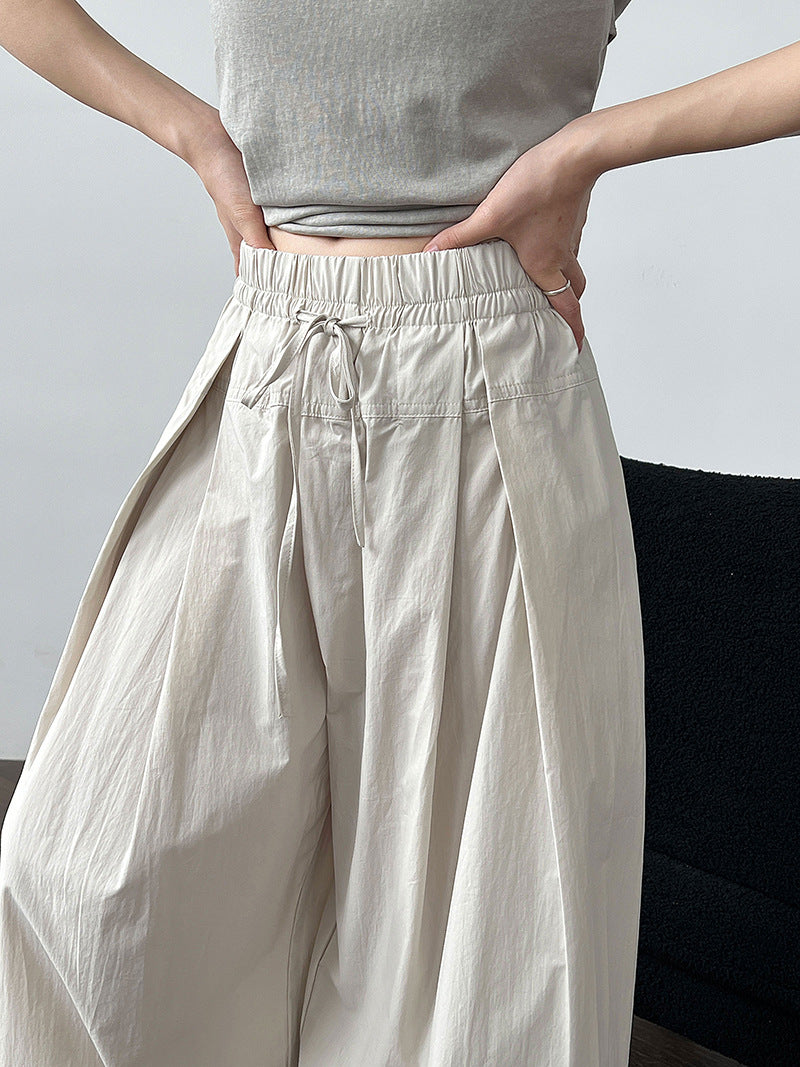 Luxi 100 cotton high-waisted versatile lace-up straight-leg pants women's summer new thin casual wide-leg trousers 1950