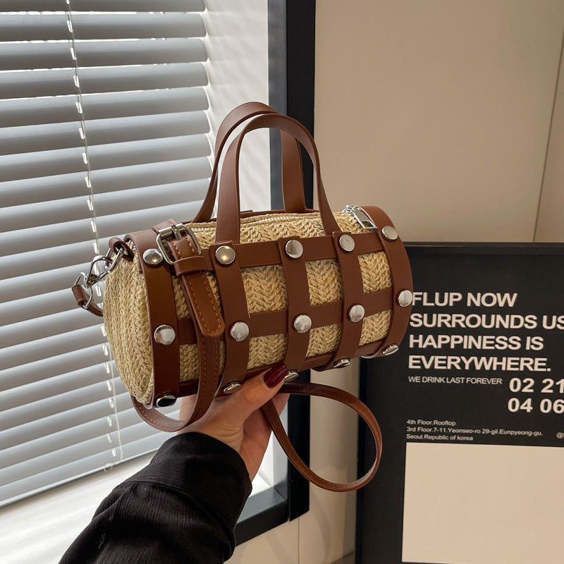 VLOVELAW 2025 Straw rivet pillow bag women's popular new fashion versatile shoulder messenger bag Korean version niche portable cylinder bag