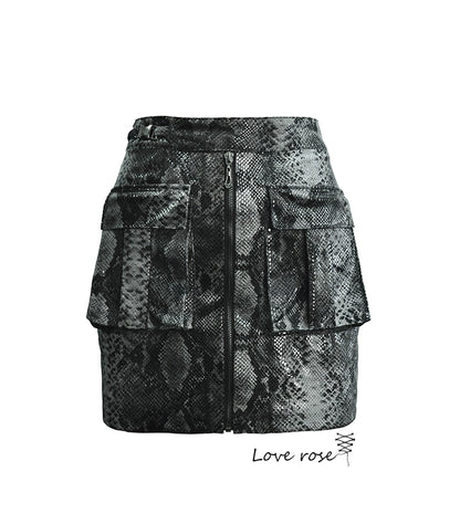 original designer, snake pattern glossy slim-fitting hip-wrapped elastic short skirt, super short skirt