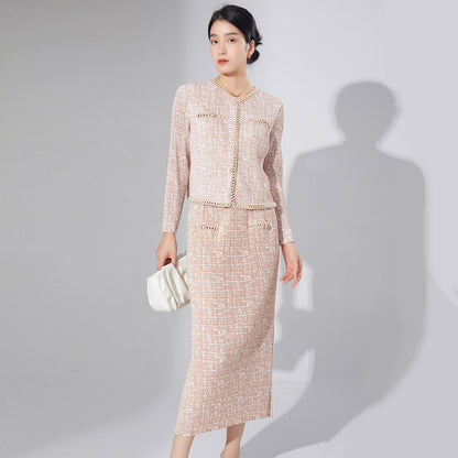 2025 High-end women's clothing Xiaoxiangfeng suit temperament cardigan jacket top medium and long split skirt pleated two-piece set