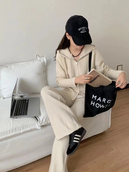 VLOVELAW Korean temperament fashion casual hooded knitted suit women's autumn and winter new loose and thin wide-leg pants two-piece set