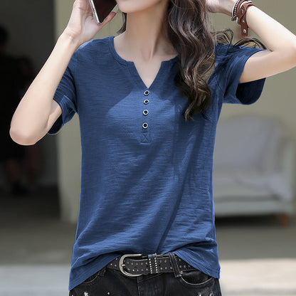 VLOVELAW [Real Price] a Large Number of in Stock Slub Cotton V-neck Buttons Short-Sleeved Women's Korean-Style Loose plus Size Cotton Top