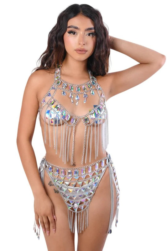 2025  YH3587 2025 hot-selling sexy acrylic crystal metal fringed chain connected hollow top body chain skirt
