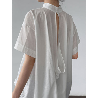 Luxi Korean design sense niche back hollow shirt women's summer new light and thin stand-up collar short-sleeved shirt 3606
