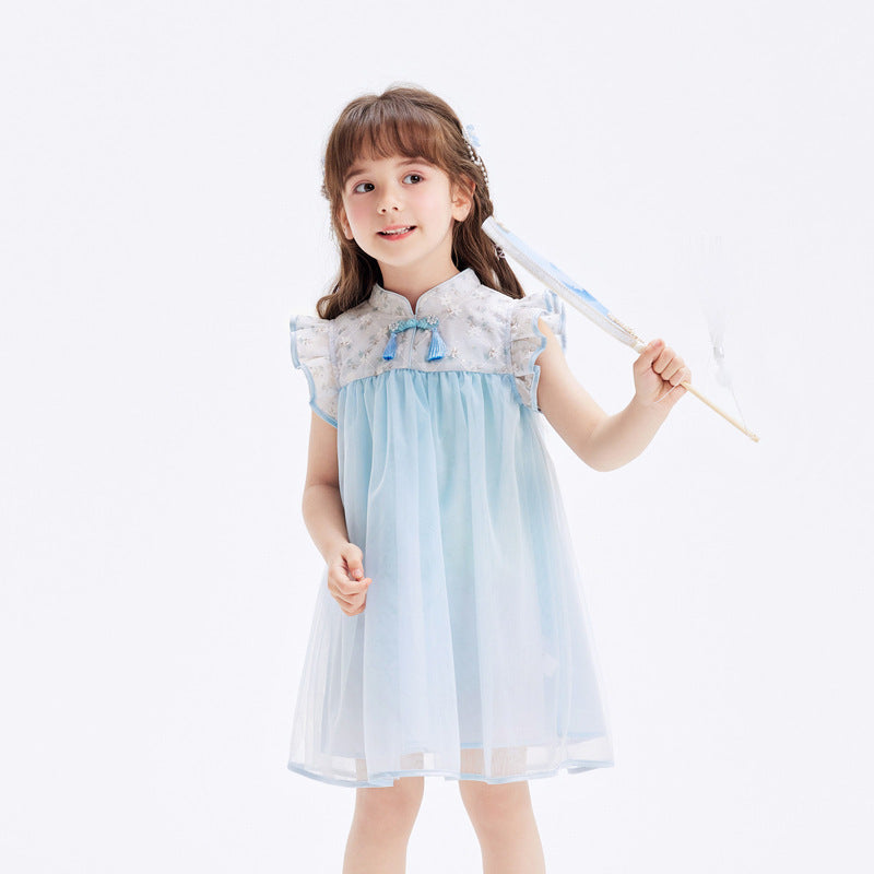 VLOVELAW Girls Dress Baby  Spring and Summer New Children's Mesh National Style Cheongsam and Dress Pure Cotton Princess Style