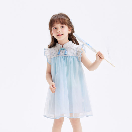 VLOVELAW Girls Dress Baby  Spring and Summer New Children's Mesh National Style Cheongsam and Dress Pure Cotton Princess Style