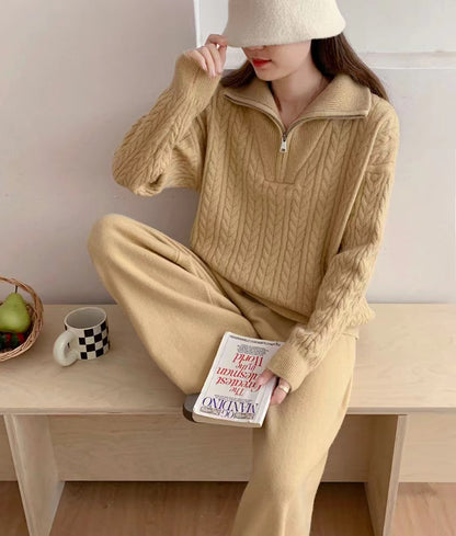 VLOVELAW Cross-border twist half-zipper lapel pullover sweater women's New autumn and winter new loose-knit casual pants two-piece set