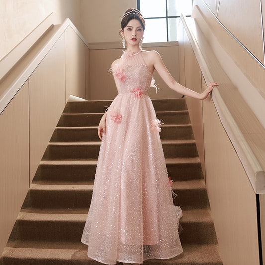 2025 Pink evening dress skirt  spring new neck high sense art test banquet long dress annual meeting party performance clothes