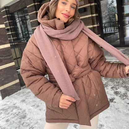 Cross-border foreign trade independent station Europe, America, autumn and winter hooded cotton-padded clothes, solid color warm jacket, top, women's single-breasted buckle with belt