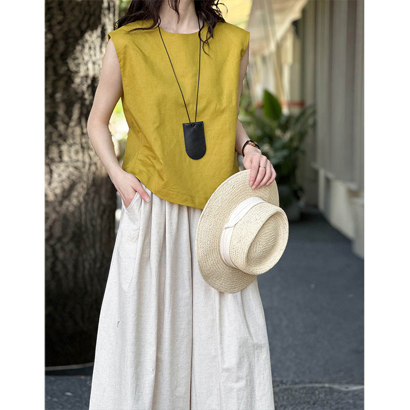 2025 Tachibana  spring and summer round neck sleeveless side pleated minimalist linen pullover shirt vest 5572