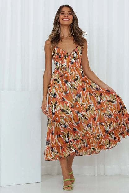 VLOVELAW European and American   Summer New Women's Printing Ruffle Sleeveless Dress