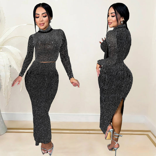 2025 C7093    Popular and  Fashion Women's Clothing Hot Diamond Slim Bag Arm Long Sleeve Two-piece Skirt New