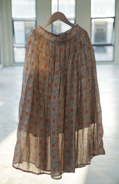 retro digital printing ramie pendulum skirt, literary double-layer elegant elastic waist dress B22228