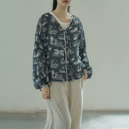 retro pair ramie printed shirt, casual age-reducing lantern sleeve cardigan sunshade S22207