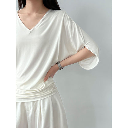 Luxi, Korean lazy style V-neck waist bat sleeve T-shirt women's summer new slim short-sleeved top 2697