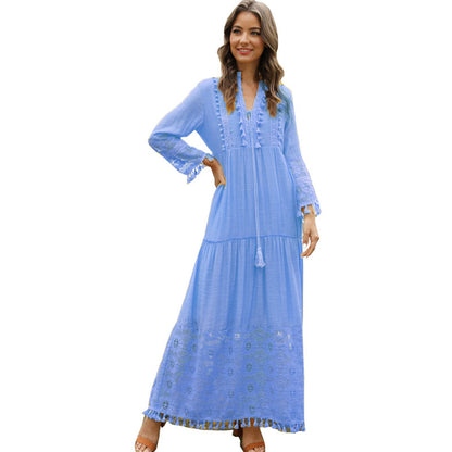 VLOVELAW Spring and Summer European and American Long Dress Bohemian Style V-neck Lace Tassel Stitching Beach Vacation Temperament Dress