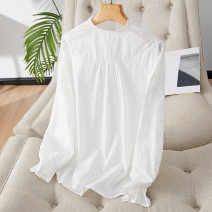 direct sales apricot embroidered shirt women's long sleeves  spring new lace top pure cotton embroidered white shirt