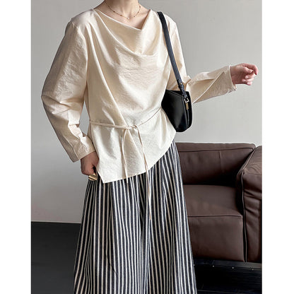 2025 Tachibana spring new lazy wind lace-up simple loose versatile pile collar temperament shirt women 59959