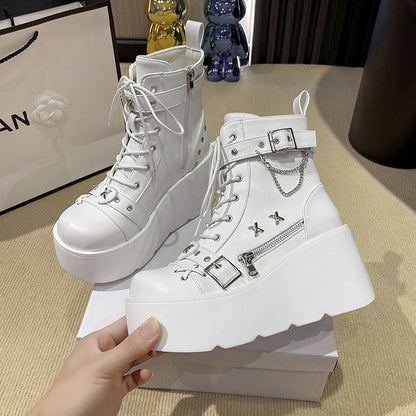 Autumn and Winter New Rivets Pendant Martin Boots Female Hot Girl Thick Bottom Increased by Belt Buckle Booties All-Matching Motorcycle Boots