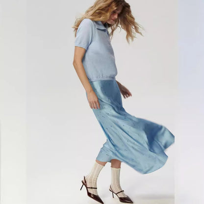KKBOXLY Cross-border printed skirt Europe, America New spring and summer new temperament floral satin printing drape high waist skirt