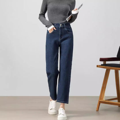 2025  Spring and Autumn New Cotton Fashion Retro Jeans Women's Loose and Skinny Versatile Comfortable Straight Nine-Point Pants