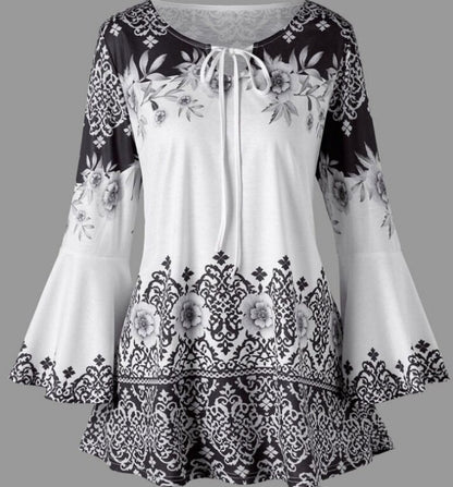 VLOVELAW European and American New  Women's Clothing Printing Long Horn Sleeve Lace-up T-shirt Slim Long Sleeve plus Size Women's Clothing