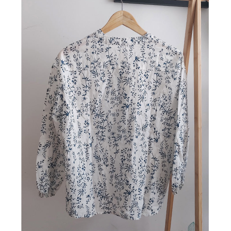 direct sales blue and white porcelain floral shirt women's long sleeves popular spring clothes new V-neck loose top pure cotton shirt
