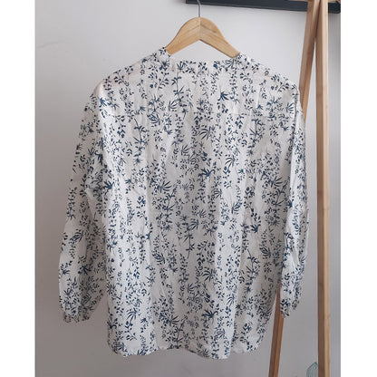 direct sales blue and white porcelain floral shirt women's long sleeves popular spring clothes new V-neck loose top pure cotton shirt