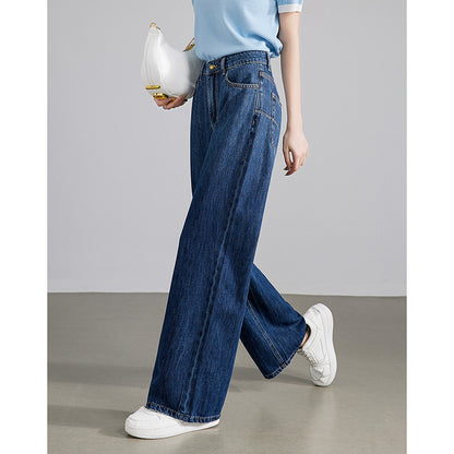 2025  Spring and Autumn New Retro Hong Kong Style Straight Jeans Women's Skinny High Waist Pure Cotton Breathable Comfortable Blue Casual Pants