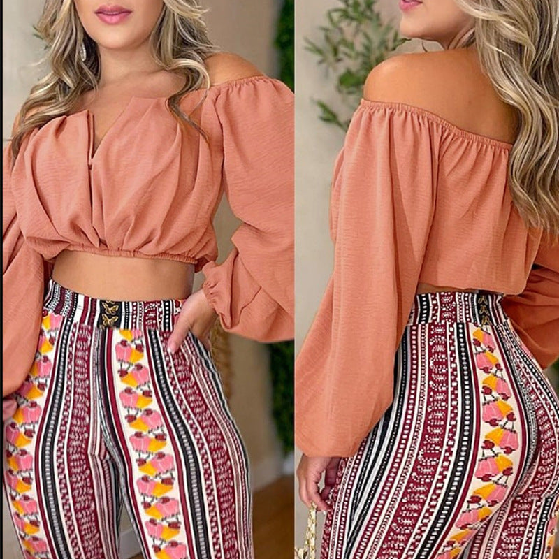 VLOVELAW European and American   Summer New off-Neck Women's Clothing  Sexy Print Pants Top Suit