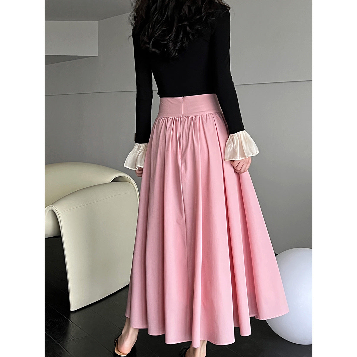 Luxi  spring new  high-end pink skirt big pendulum A-fold pleated skirt 73212