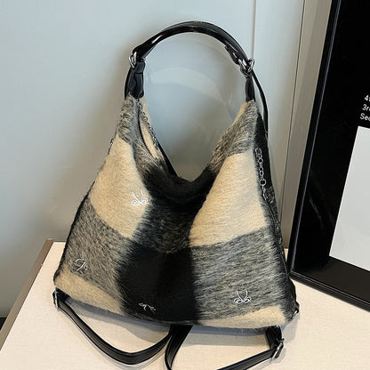 VLOVELAW 2025 Contrasting color woolen backpack Korean version ins trendy fashion casual tote bag popular niche high-end shoulder women's bag