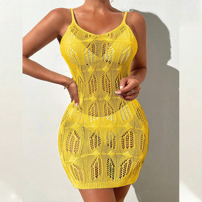 VLOVELAW 2025 summer new beach skirt women's solid color sexy knitted hollow beach bikini swimsuit blouse sunscreen clothing