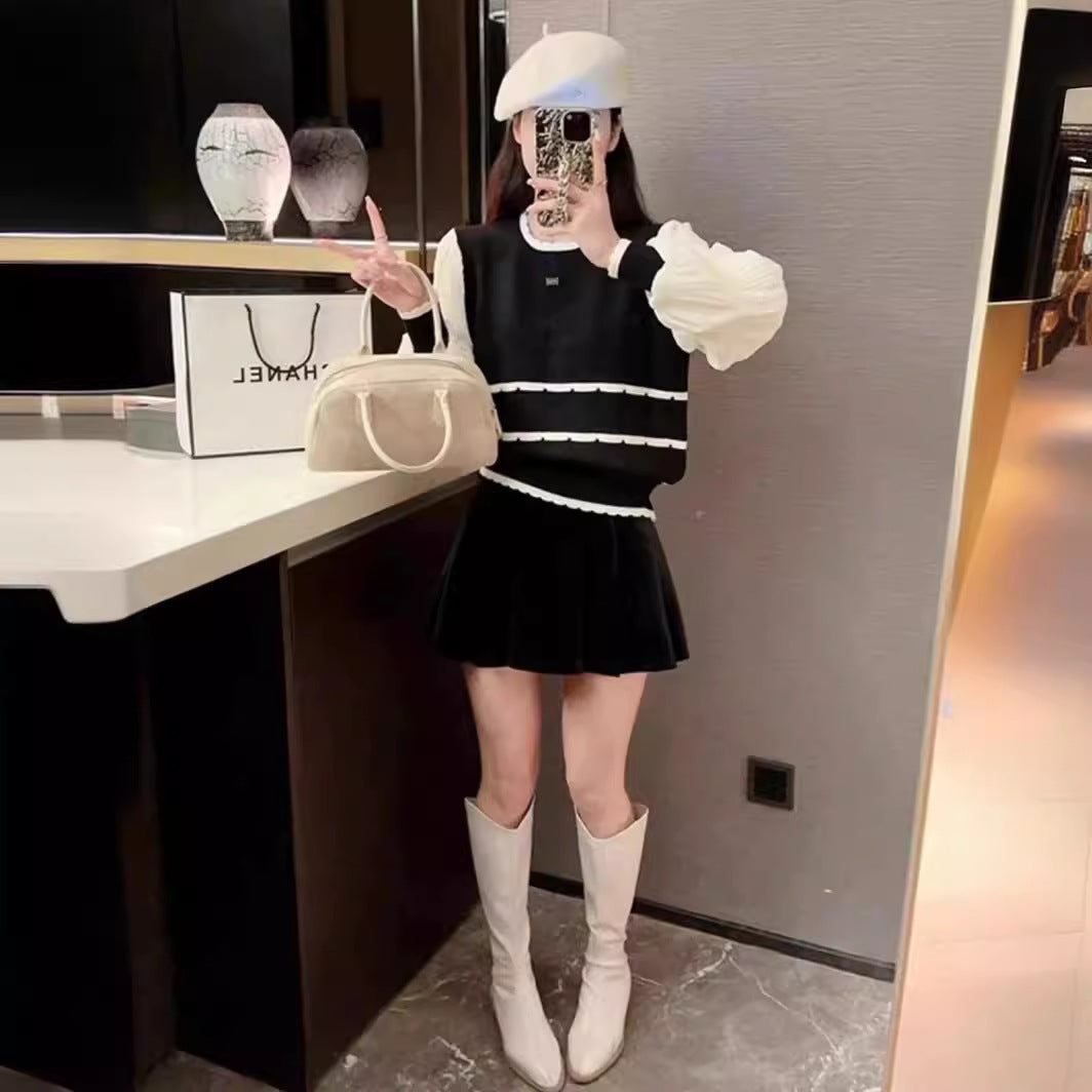 VLOVELAW sweet and spicy top Korean version fake two-piece striped knitted sweater women's fashion round neck short yarn sleeves look thin
