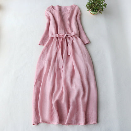 VLOVELAW Lace-up Waist-Controlled Slimming Half-Length Sleeve Dress Women's  Summer New Cotton and Linen Art Elegant Organ Pleated Skirt
