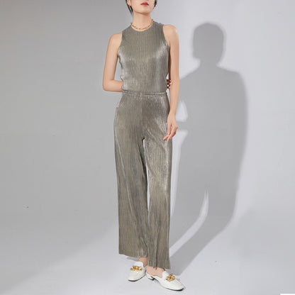 2025 women's clothing premium pleated two-piece set metal niche chic T-shirt top drape casual pants set