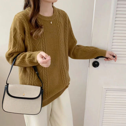 VLOVELAW New autumn and winter new women's clothing loose round neck pullover sweater women's rhombus lazy wind long-sleeved knitted sweater women's top